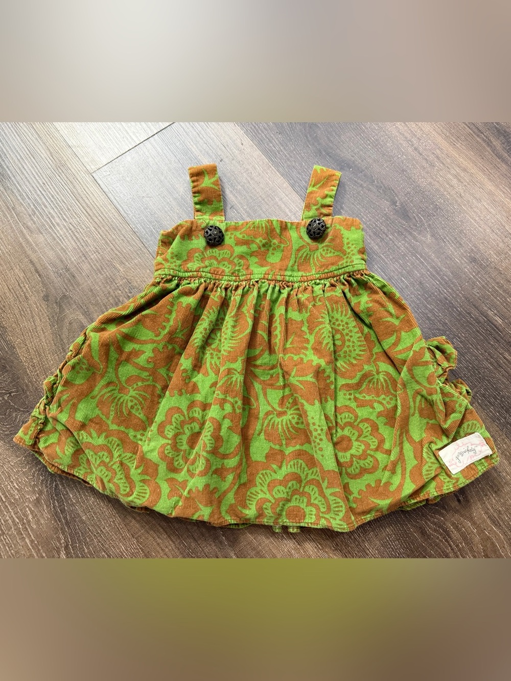 Vintage Persnickety Green/Brown Floral Corduroy Tiered Ruffle Jumper Dress Sz 2